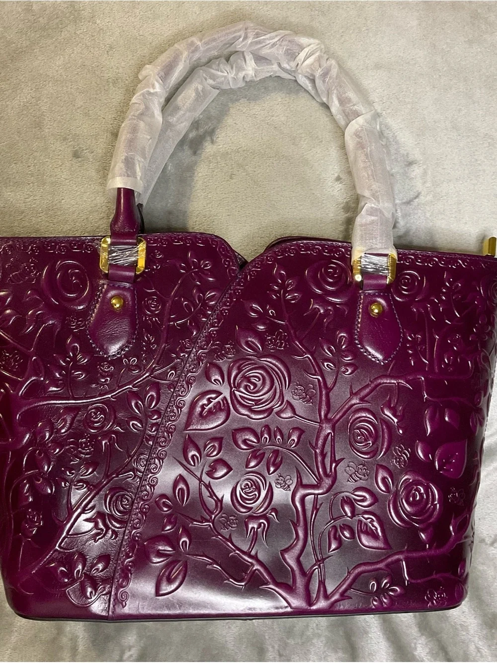 NWT PIJUSHI Purple 3D Rose Embossed Leather Handbag & Matching Wristlet Wallet